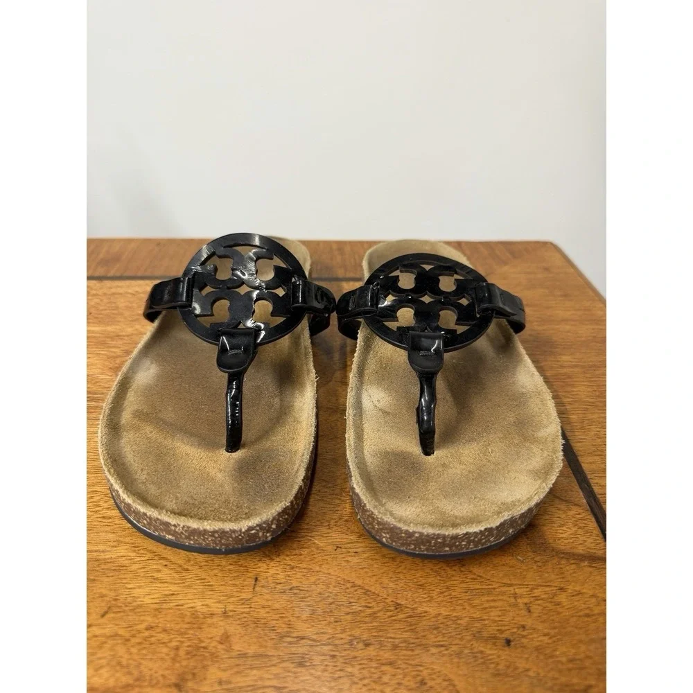 Tory Burch Miller Cloud Sandals Womens 8 Perfect Black Patent Leather Logo Thong